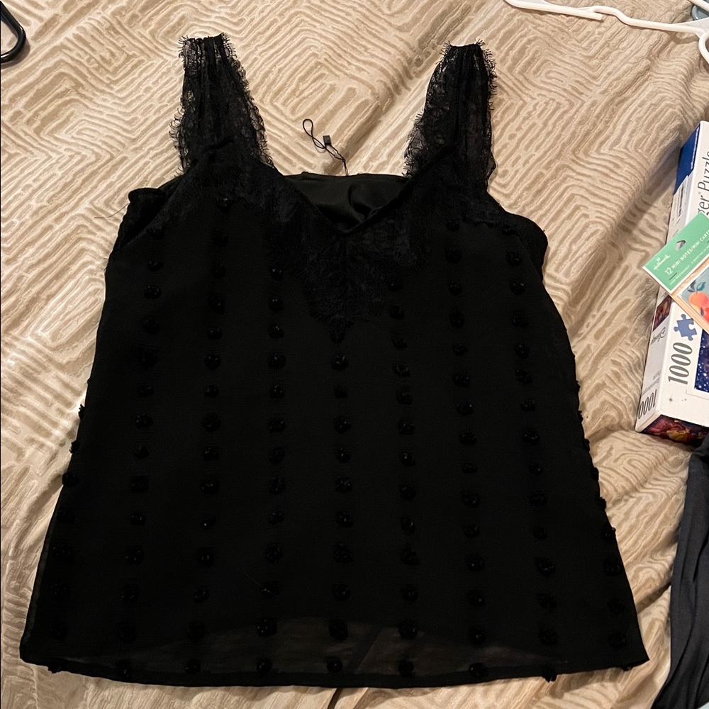 Elegant Black Lace Trimmed Woman’s Bodysuit Size Large 
#434
